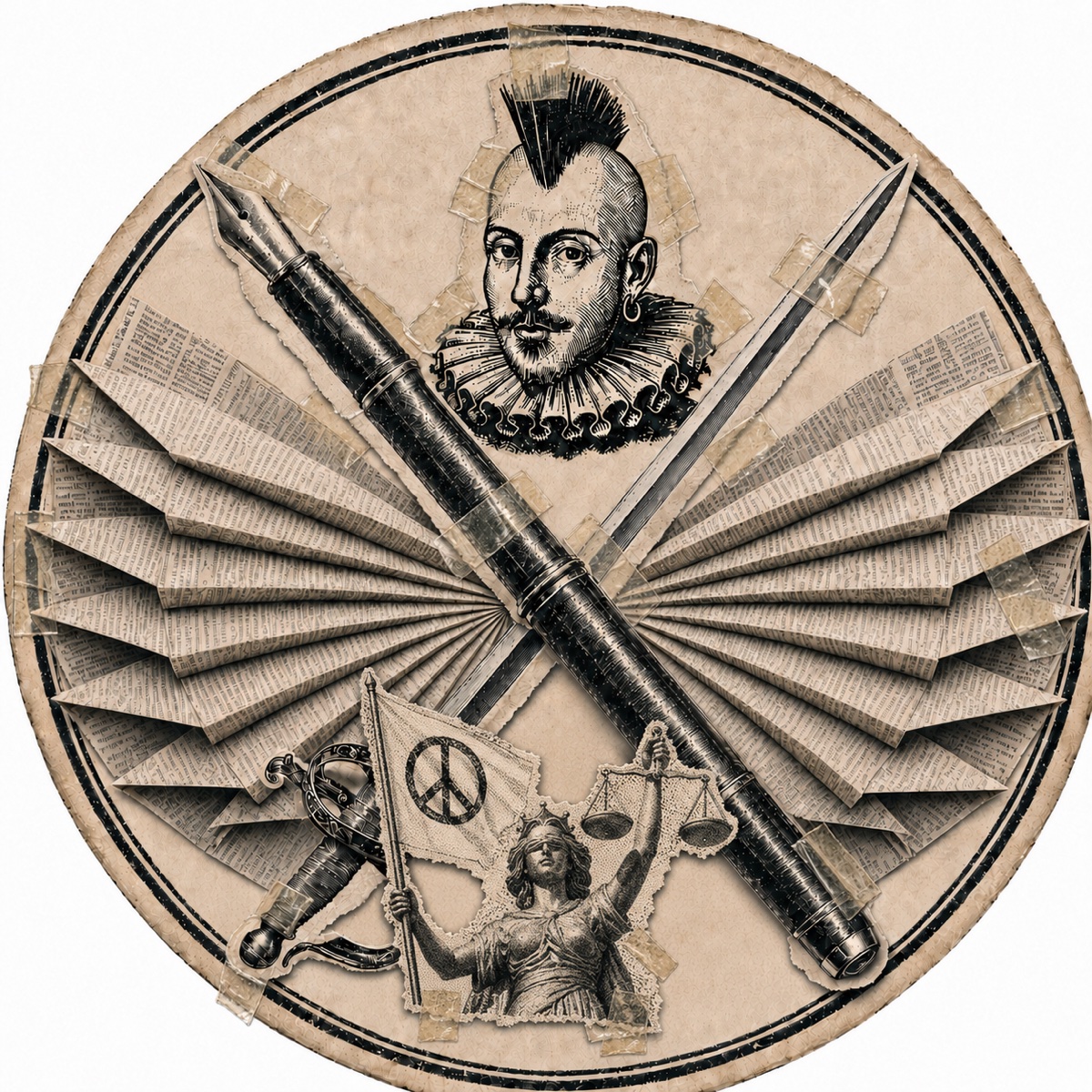 The seal of the Ashland Free Press: a crossed fountain pen and sword over a fanned newspaper, crowned by an Elizabethan figure
