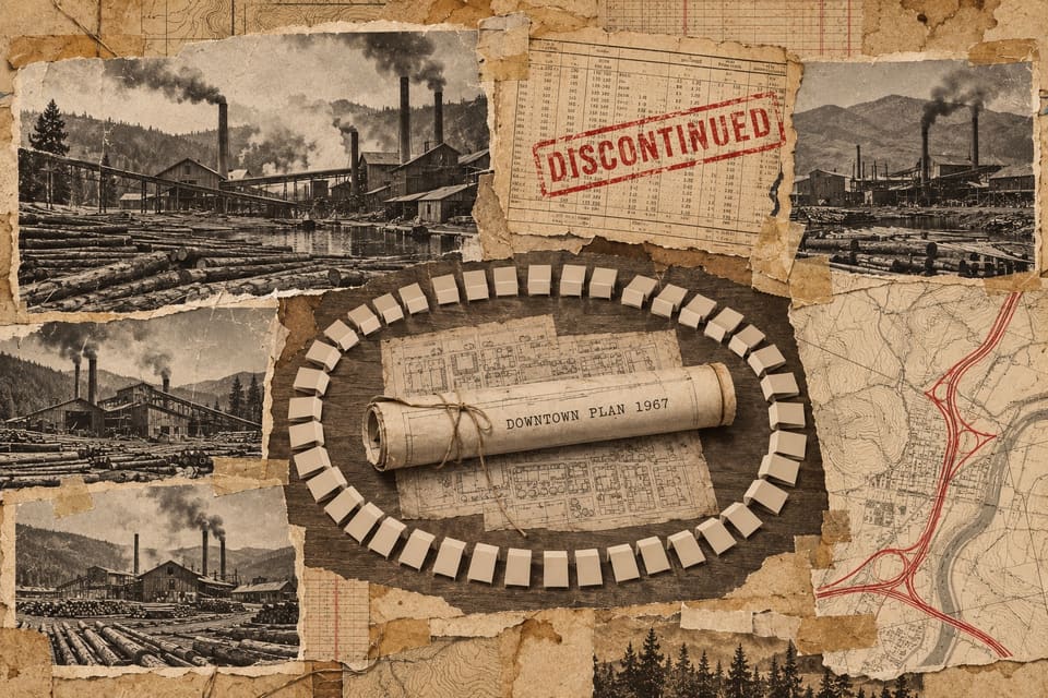 Sepia collage: lumber mills with smoking stacks and log decks, a railroad timetable stamped DISCONTINUED in red, a survey map with a new freeway interchange drawn in red, and an oval of fifty small blank name cards around a rolled blueprint tied with string and labeled DOWNTOWN PLAN 1967.
