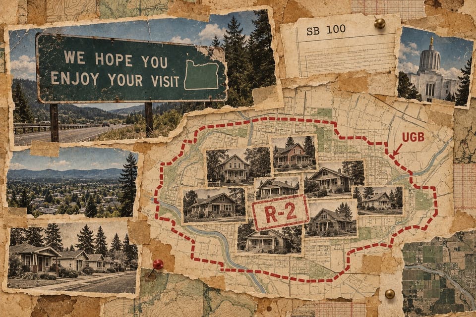 Collage on aged paper: a green road sign reading WE HOPE YOU ENJOY YOUR VISIT beside a highway, a sheet headed SB 100, the Oregon Capitol, and a town map ringed by a red dashed line marked UGB, with snapshots of old bungalows inside it under a red R-2 stamp.