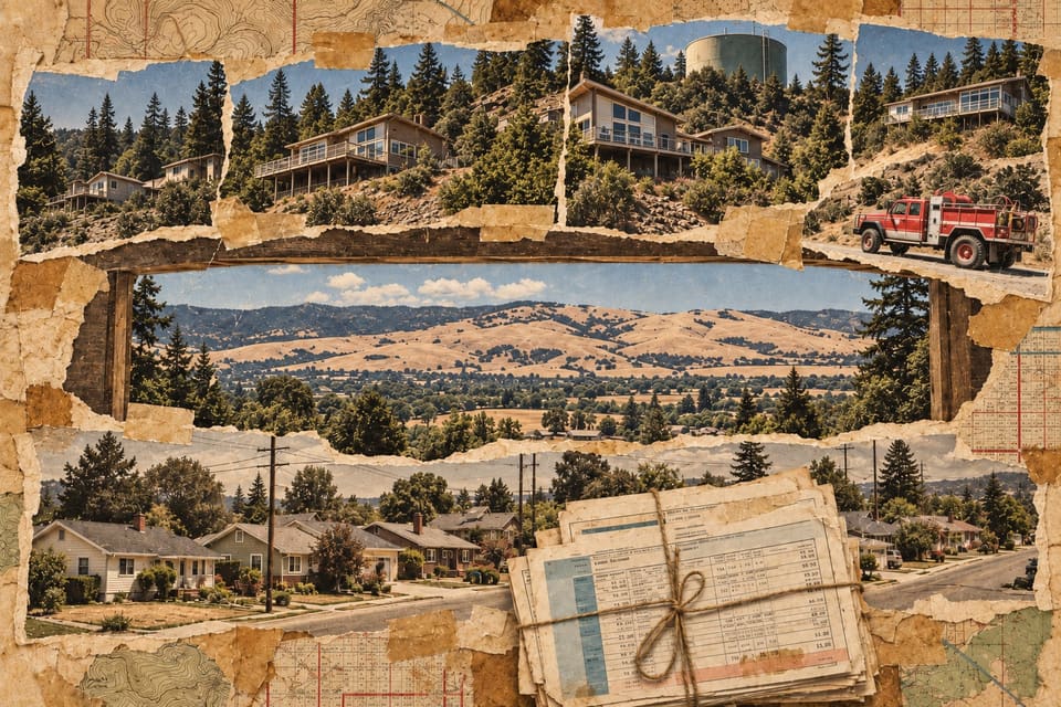 Collage in three torn bands: large houses and a water tank on a steep wooded hillside with a red brush fire truck, a framed view across the valley to open golden hills, and a street of small flat-town houses under a string-tied bundle of utility bills.