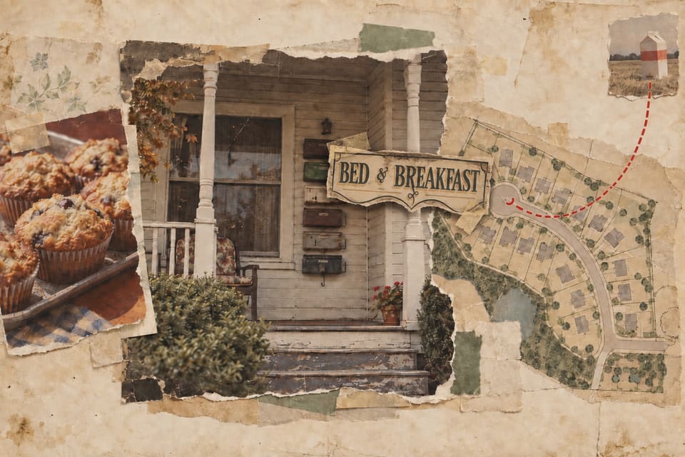 Collage: an old wooden porch with six mailboxes stacked beside the door and a BED & BREAKFAST sign hung over them, a tray of blueberry muffins, and a cul-de-sac subdivision plan with a red dashed line running out to a lone milk carton in a field.