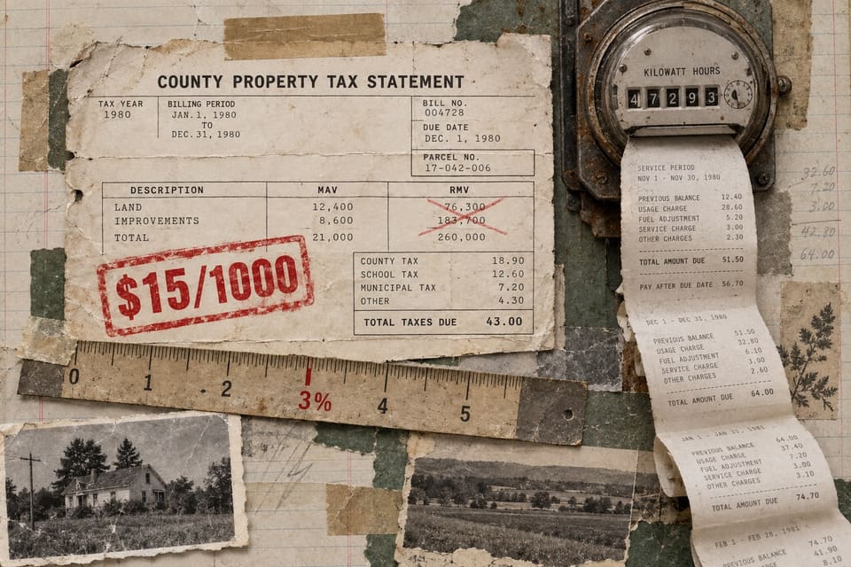 Collage on ledger paper: a county property tax statement with a small MAV column and a larger RMV column crossed out in red, a red $15/1000 stamp, a ruler marked 3%, and an electric meter spooling out a long receipt of monthly bills, over snapshots of a farmhouse and fields.