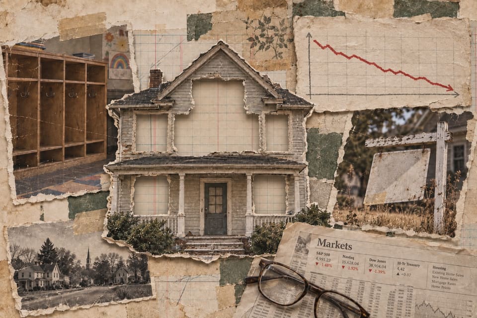 Collage: an old two-story house cut away so only its outline, porch and front door remain over graph paper, beside an empty row of school cubbies, a chart with a falling red line, a blank sign post in dry grass, and reading glasses on a newspaper markets page.