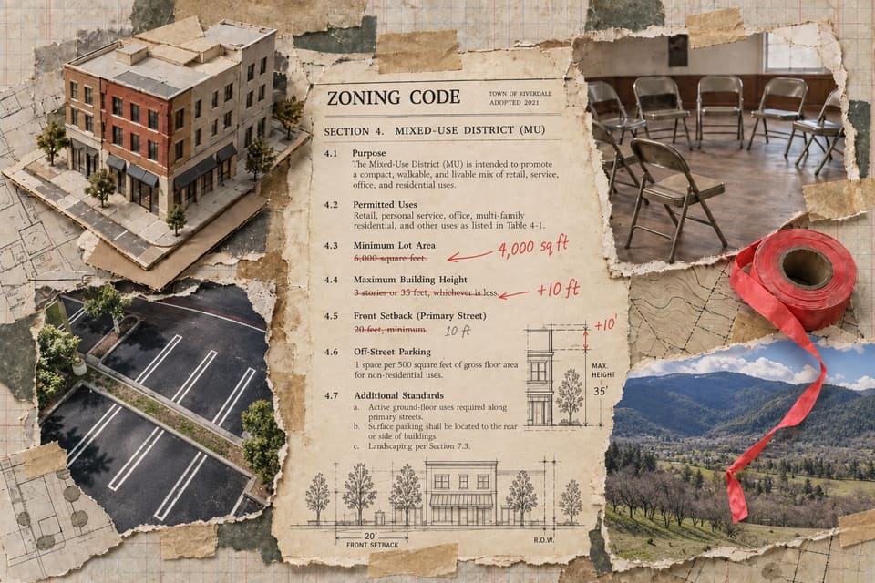 Collage on graph paper: a zoning code page with the minimum lot area struck through and 4,000 sq ft written in red, the height limit marked +10 ft, a model of a four-story brick building with shops at street level, an empty parking lot, a circle of folding chairs, and a roll of red survey tape unspooling toward wooded hills.