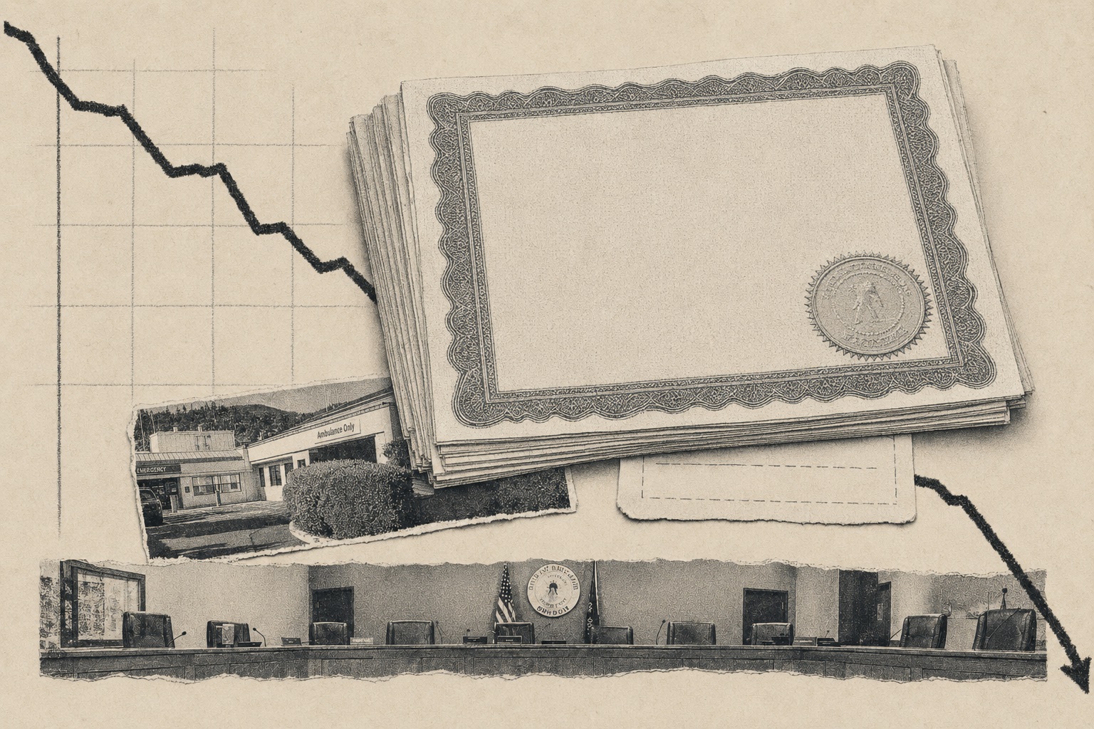 Collage: a thick stack of blank gold-sealed award certificates over a falling line chart, with the emergency room entrance and an empty council dais below.