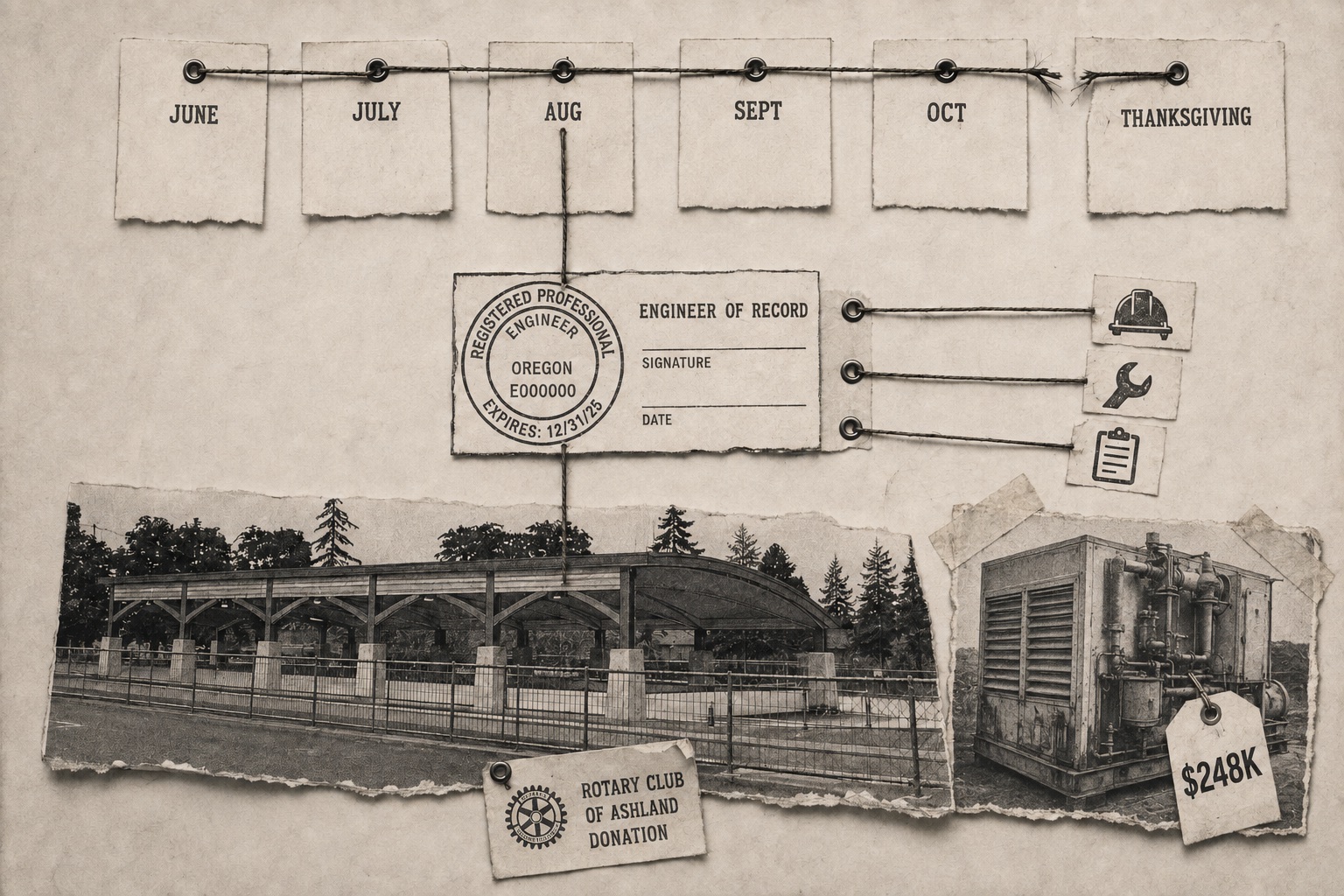 Collage: month cards from June to Thanksgiving strung on fraying twine, an Engineer of Record card with a blank signature line, the covered ice rink, and a chiller unit tagged $248K with a Rotary Club of Ashland donation note.