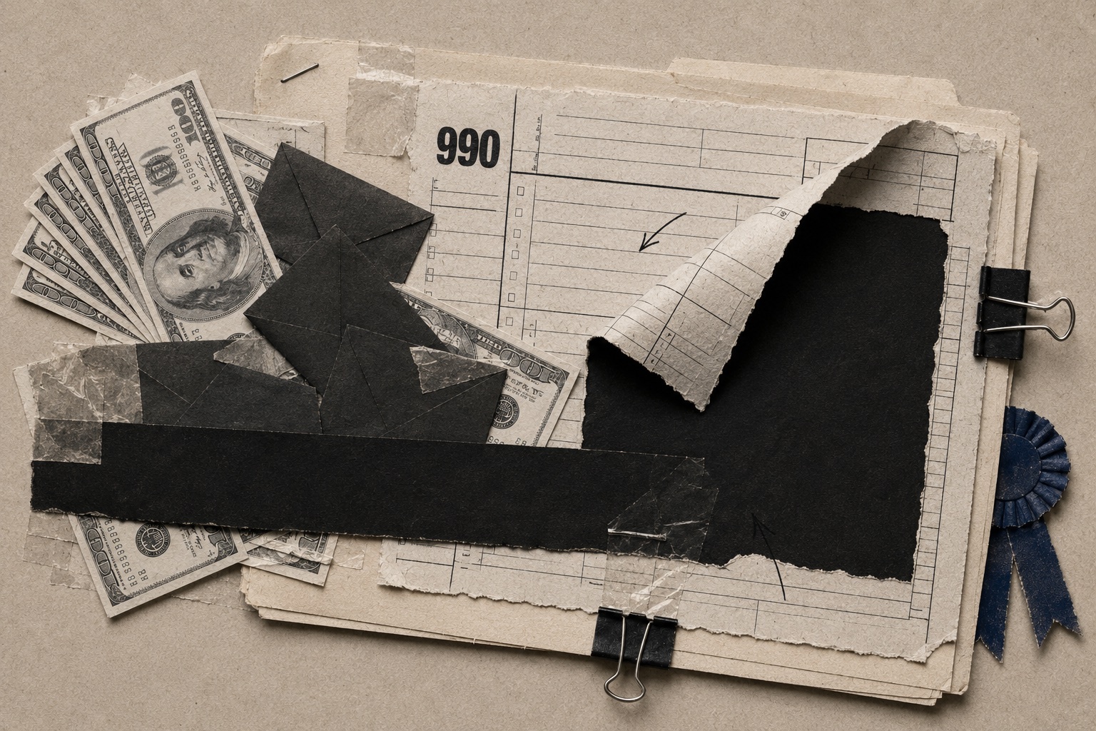 Collage: a fan of hundred-dollar bills and black paper envelopes taped over a Form 990 whose schedule is torn away to blackness, a blue ribbon clipped to the corner