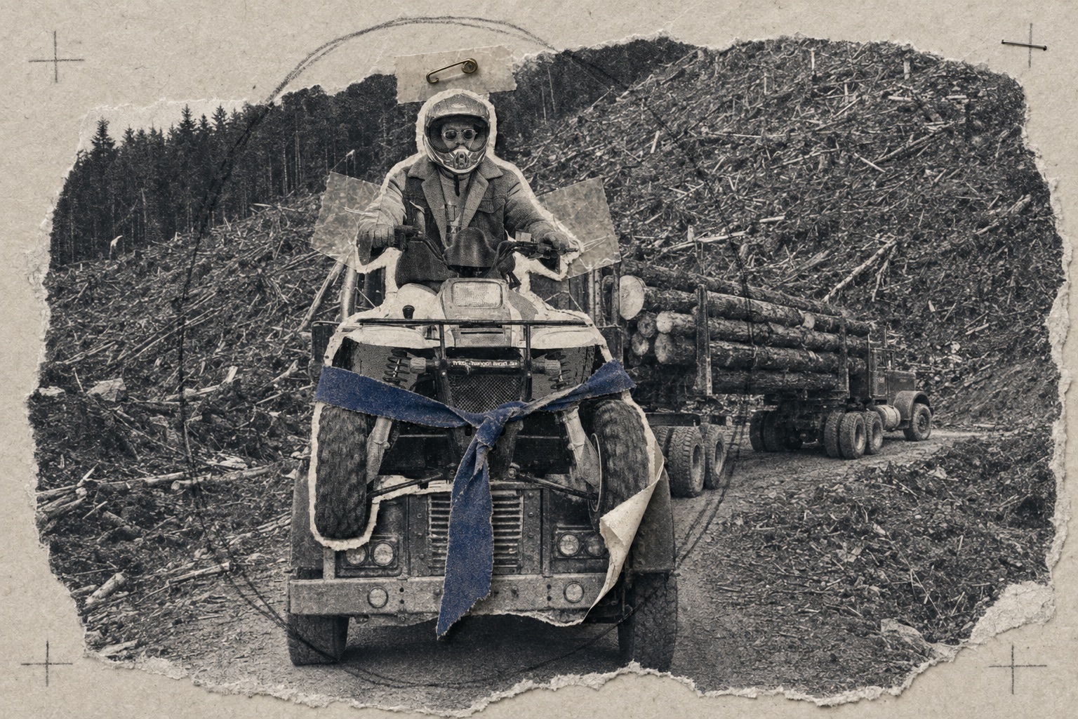Collage: a helmeted rider on an ATV wearing a blue ribbon sash, cut and pasted in front of a loaded logging truck on a clear-cut hillside