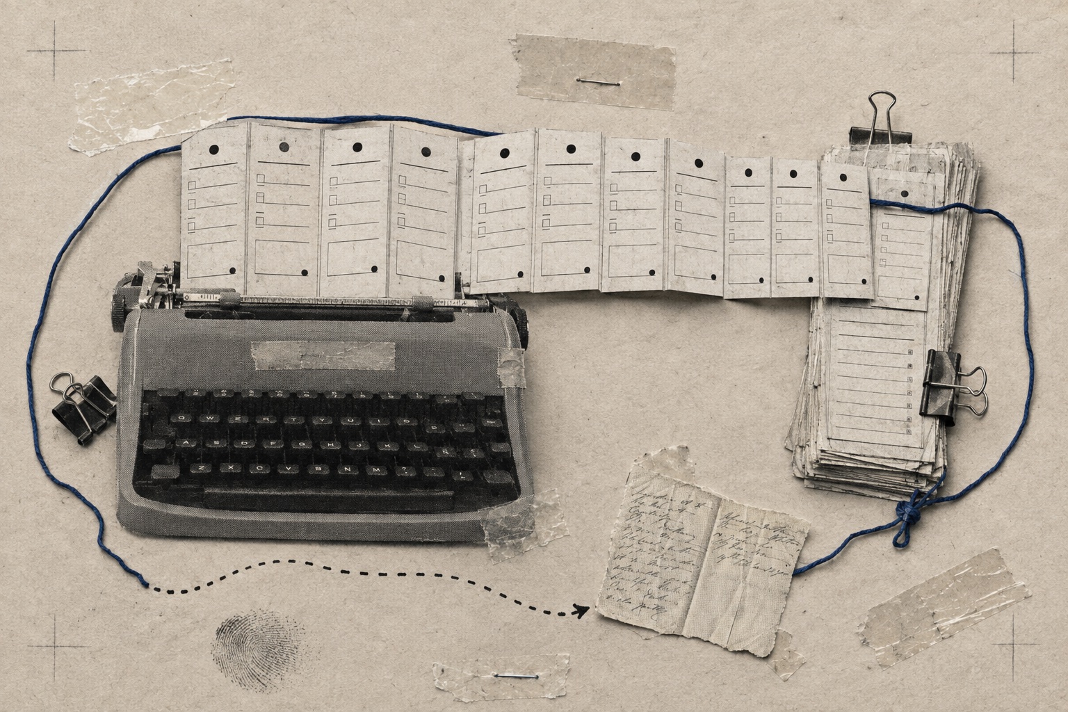 Collage: a typewriter feeding an accordion of identical punch-card comments toward a clipped stack, while a dotted line escapes to one small handwritten note beside a fingerprint