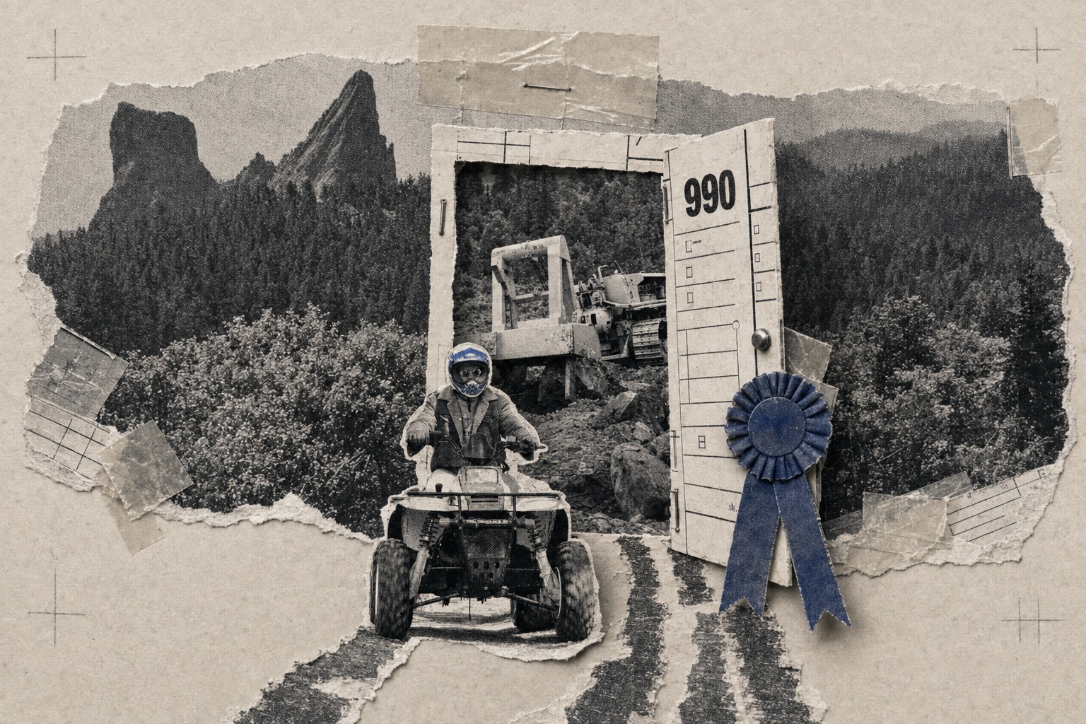 Collage: a doorway built from a Form 990 with a blue ribbon rosette for a handle stands open in a forest collage; a helmeted ATV rider emerges down a tire-tracked paper road while a bulldozer works in the trees behind the door.