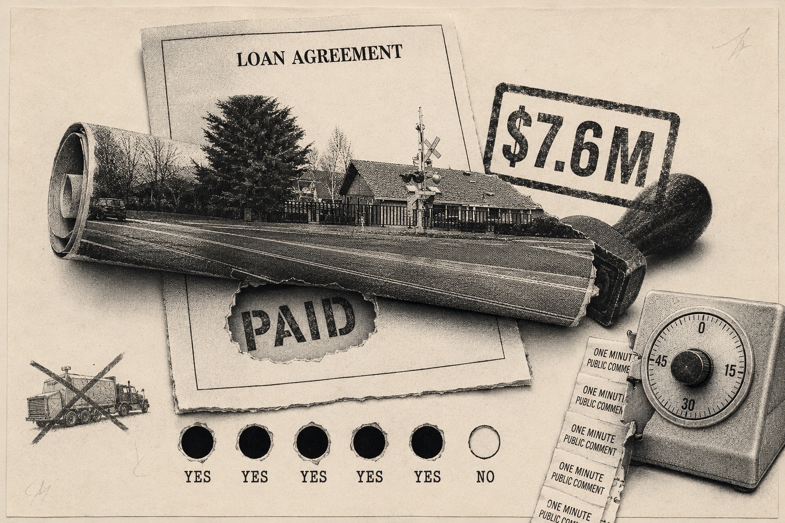 Collage: a loan agreement stamped PAID and $7.6M, a photo strip of the railroad crossing, five YES dots and one NO, one-minute comment tickets under a timer, and a crossed-out truck.