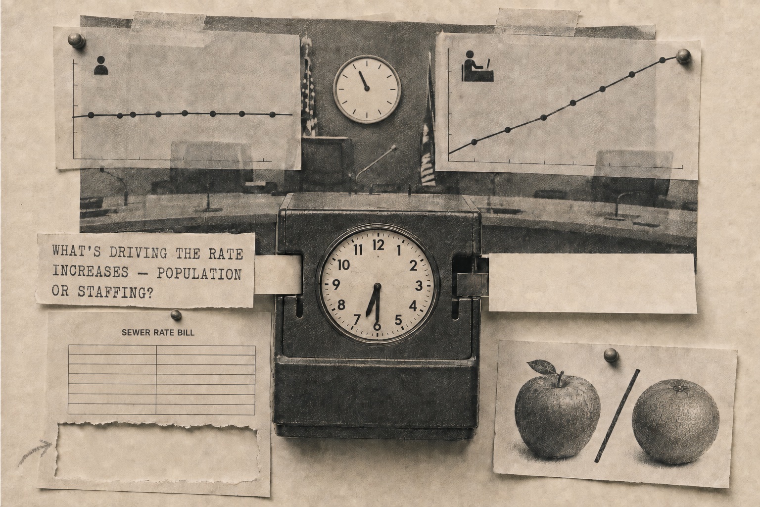 Collage: a punch clock in front of an empty council dais, between a flat population chart and a climbing staffing chart, with a blank sewer rate bill, an apple and an orange, and the typed question 'What's driving the rate increases — population or staffing?'