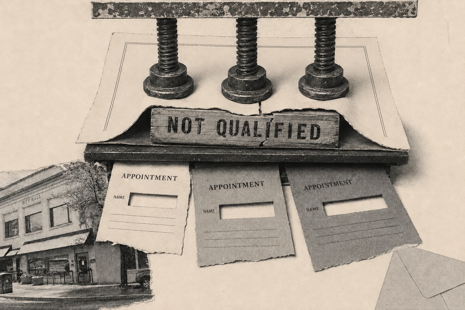 Collage: a book press squeezing a stack of committee appointment forms, a card stamped NOT QUALIFIED sticking out the side.