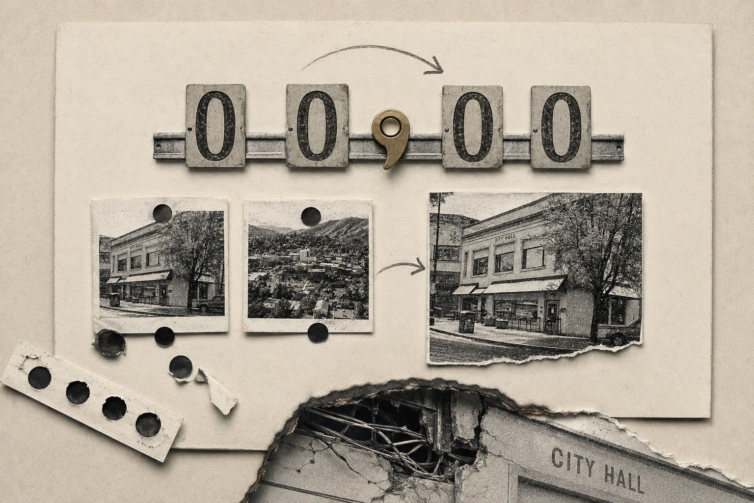 Collage: letterpress digits reading 00,00 around a brass comma, hole-punched photos of City Hall and the valley, a punched strip below, and a torn corner of the City Hall facade revealing tangled wiring.