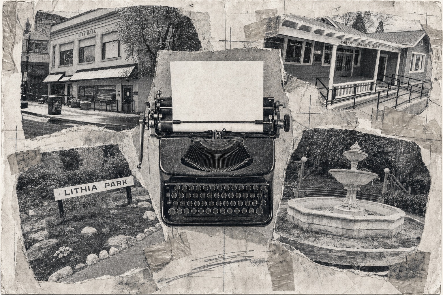 Collage: a typewriter with a blank sheet in the platen, ringed by Ashland City Hall, the community center, the Lithia Park sign and the plaza fountain.