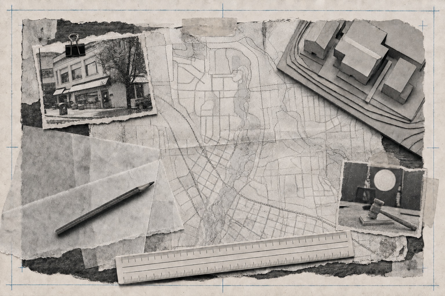 Collage: a street map of Ashland weighted down by a ruler and a pencil, with a cardboard massing model of a block, a snapshot of a downtown storefront in snow, and a gavel.