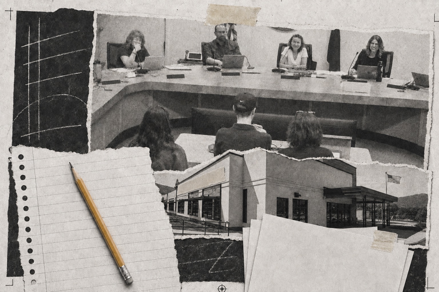 Collage: four school board members at a dais above three people sitting with their backs to the room, beside a torn sheet of lined paper and a pencil and the low front of a school building.