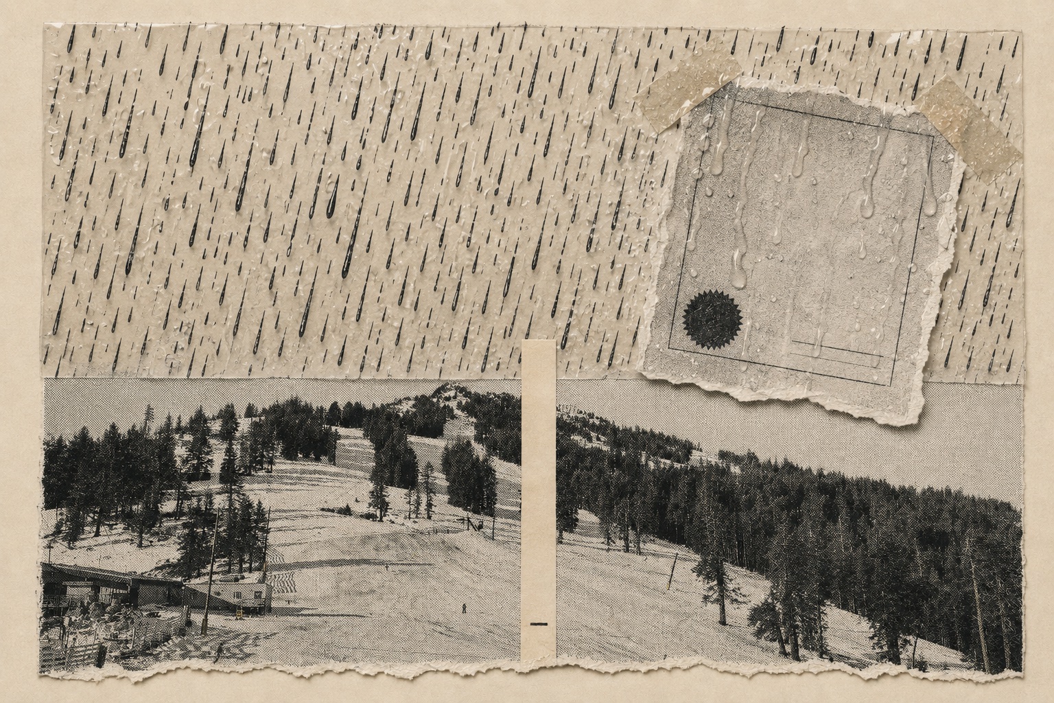 Collage: inked rain falling on a taped-up proclamation whose seal is dripping, above a snowless Mt. Ashland ski slope.