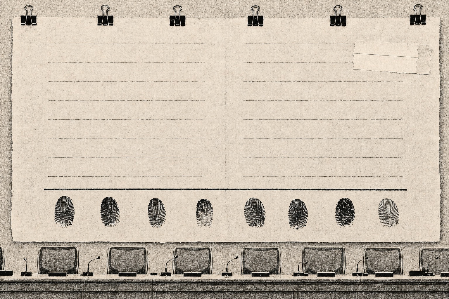 Collage: a recall petition sheet with a strip of inked fingerprints, eight circled, above an empty council dais.