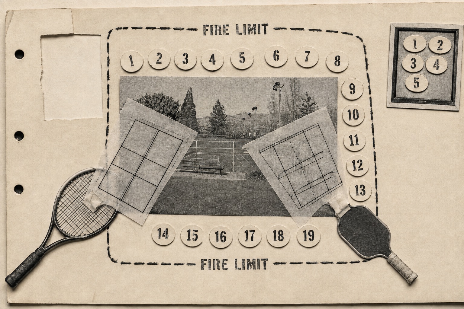 Collage: the tennis courts photo flanked by taped court diagrams, a tennis racket and a pickleball paddle, ringed by nineteen numbered speaker tokens inside a dashed FIRE LIMIT boundary, five more framed on the side.