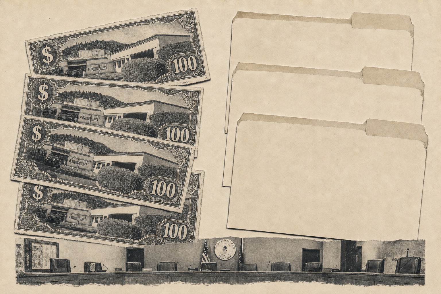 Collage: play-money bills spilling from marked file folders across an assessor's parcel map, tied with a thread to an empty council dais.