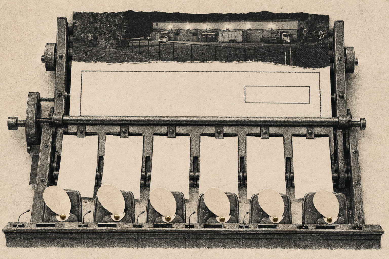 Collage: an old press machine stamping six identical nodding-head silhouettes onto papers strung over a row of empty council chairs, above a night photo of the fenced public works yard.