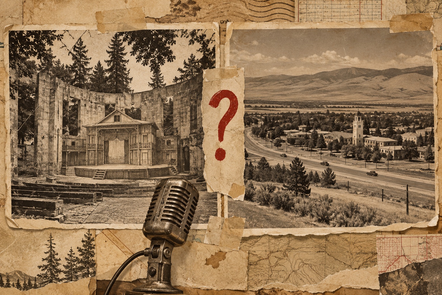 Collage on sepia paper: two photographs taped side by side, one of a wooden Elizabethan stage inside the ruined walls of the old Chautauqua dome among tall pines, the other of a valley town with a highway, a college bell tower and bare hills beyond, joined by a torn strip bearing a red question mark, with an old radio microphone in front.