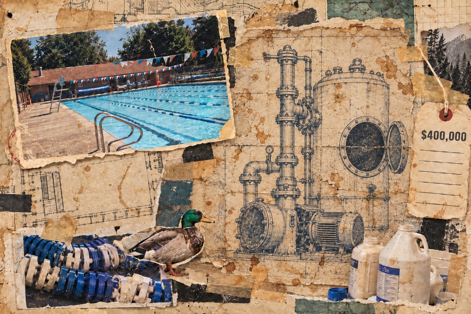 Collage on stained paper: a blueprint drawing of an old pool pump and filter tank with its round porthole hatch swung open, a snapshot of a sunlit outdoor lap pool, a mallard duck standing on a coiled blue-and-white lane rope, open bleach jugs, and a price tag reading $400,000 with its lines left blank.