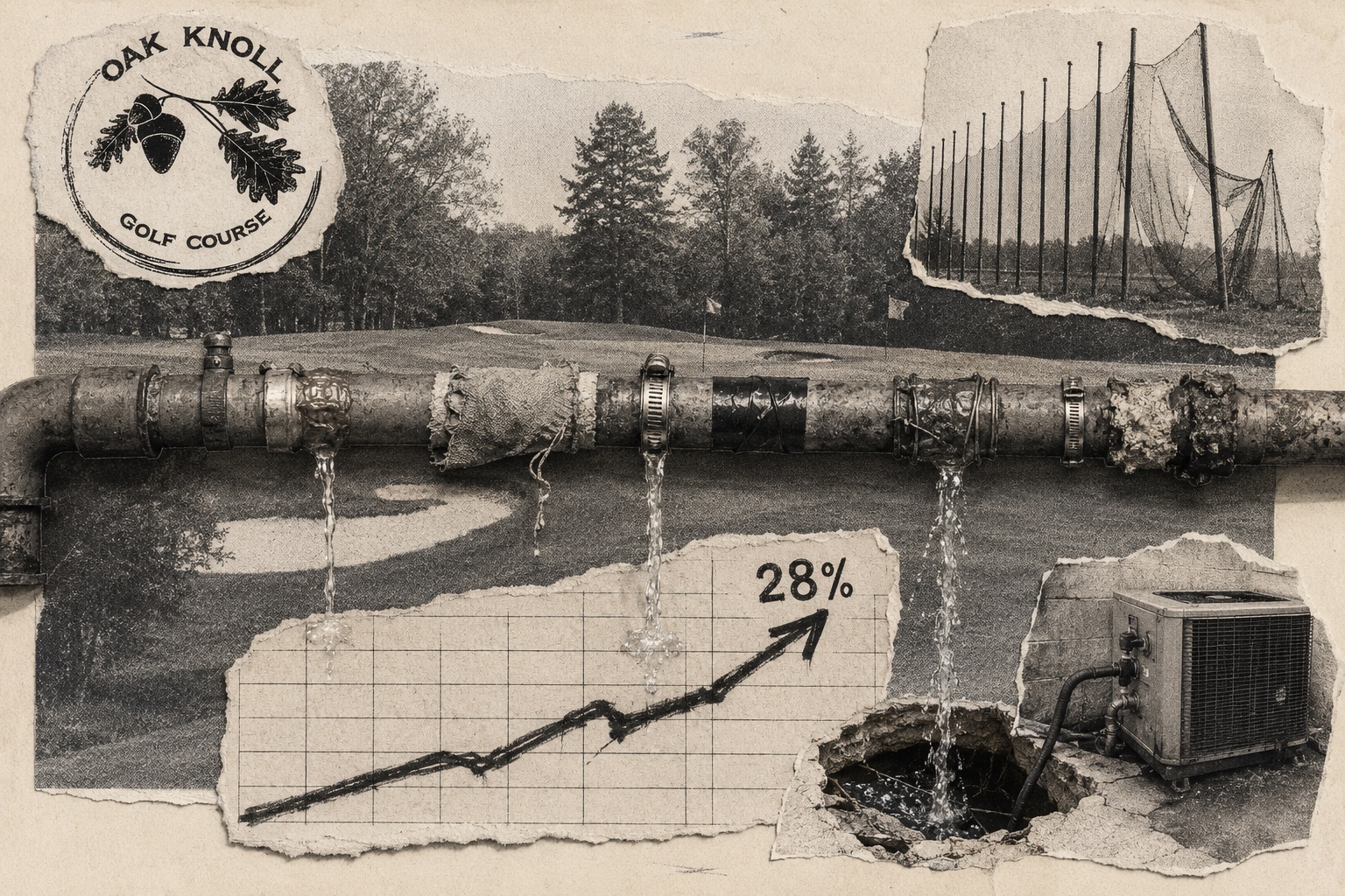 Collage on aged paper: a corroded irrigation pipe patched with hose clamps, tape, and rags leaks at every joint over the Oak Knoll golf course, above a hand-drawn chart arrow rising 28%, driving-range nets, and a heat pump beside a sinkhole.
