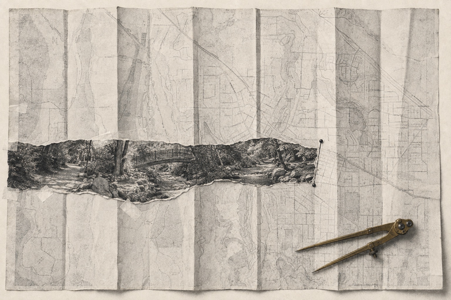 Collage on aged paper: a torn strip through a folded topographic map of Ashland reveals a photograph of the Lithia Park creek path and footbridge, a mile of it pinned off with two map pins, a brass drafting compass resting below.