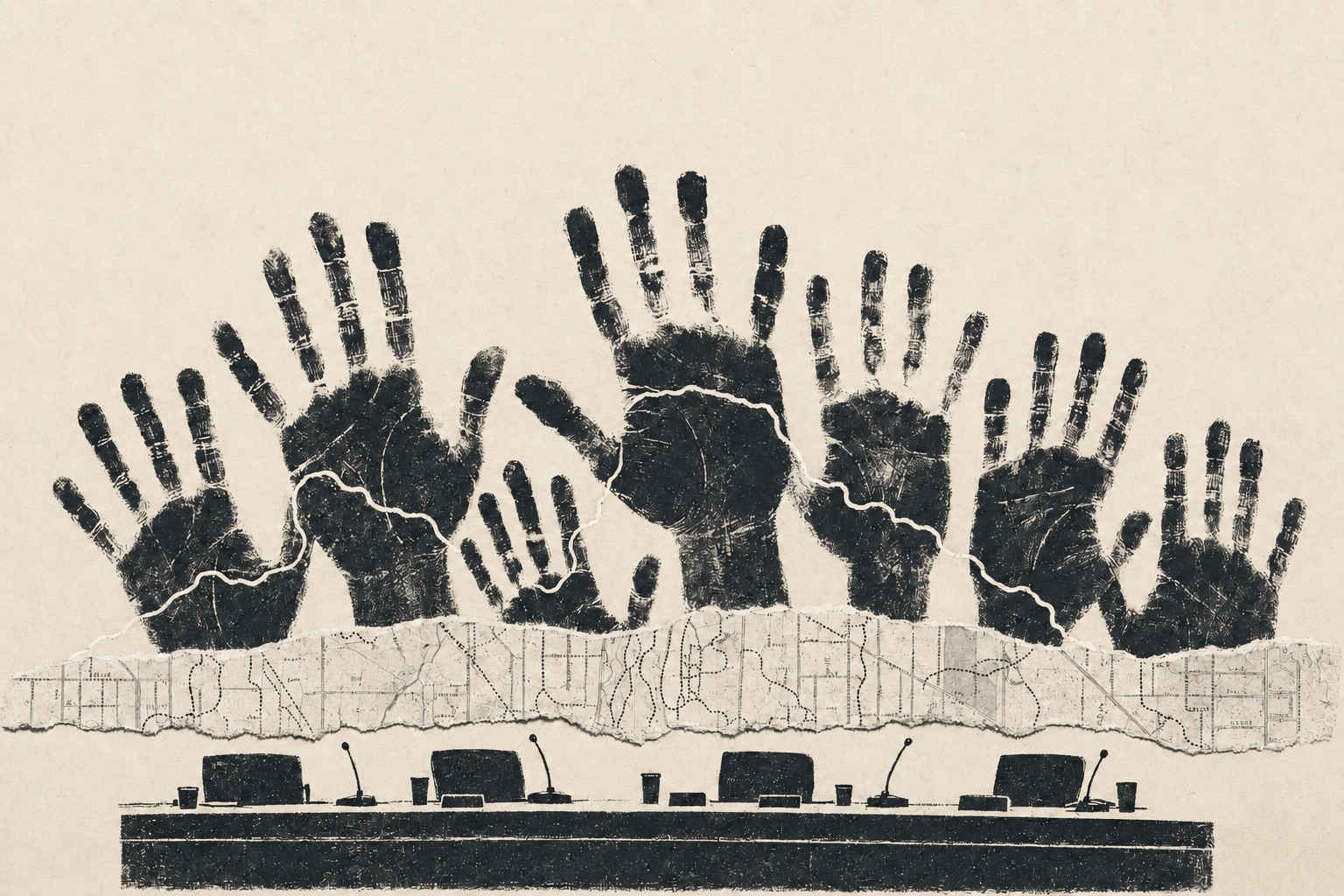 Collage on aged paper: six inked handprints raised like jazz hands above a torn strip of city map and a council dais with empty chairs and microphones.