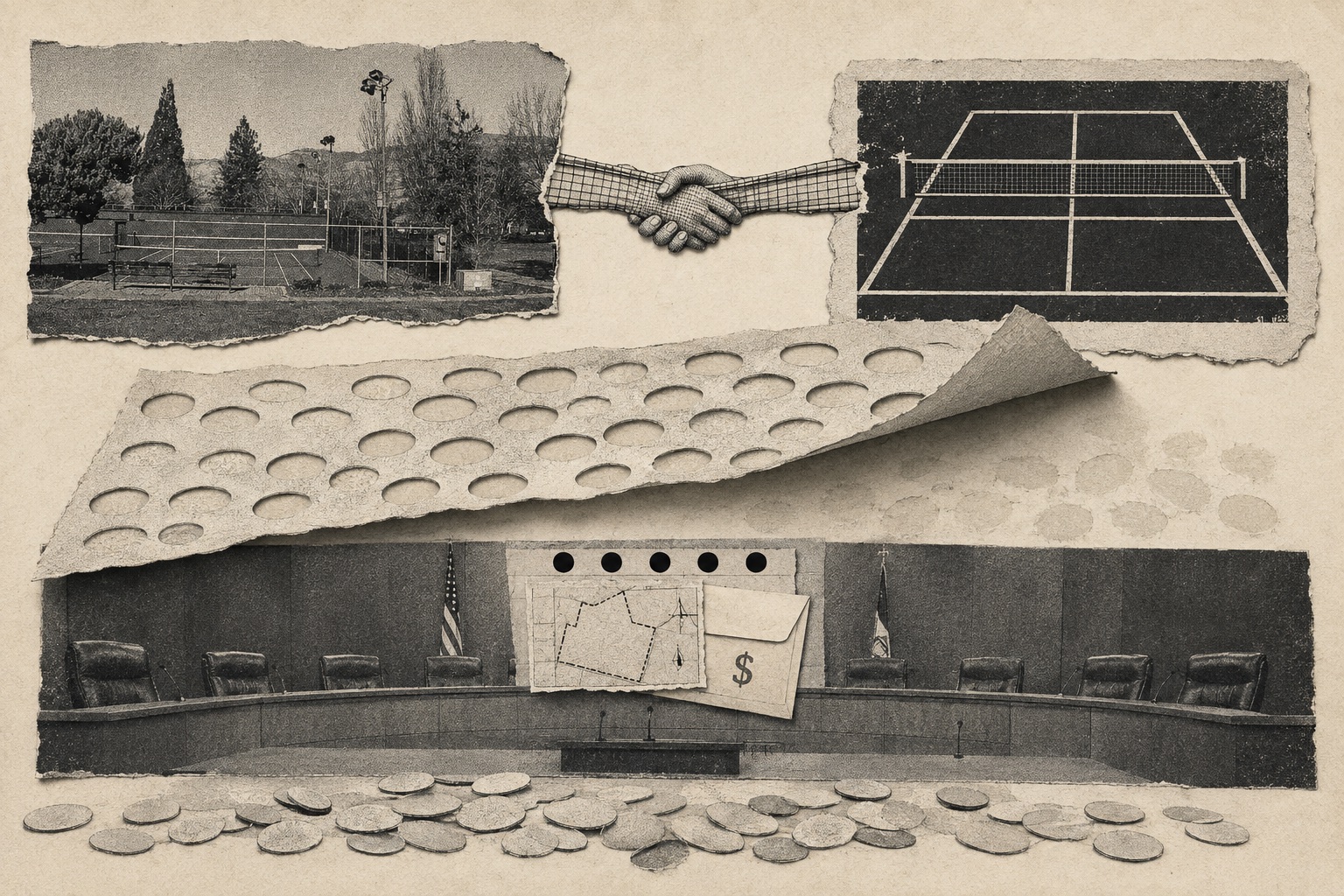 Collage: a handshake between the tennis courts and a dark pickleball court, a peeled-back sheet of punched holes lifting off the council dais, a dollar-marked envelope and a map on the dais, loose tokens scattered below.