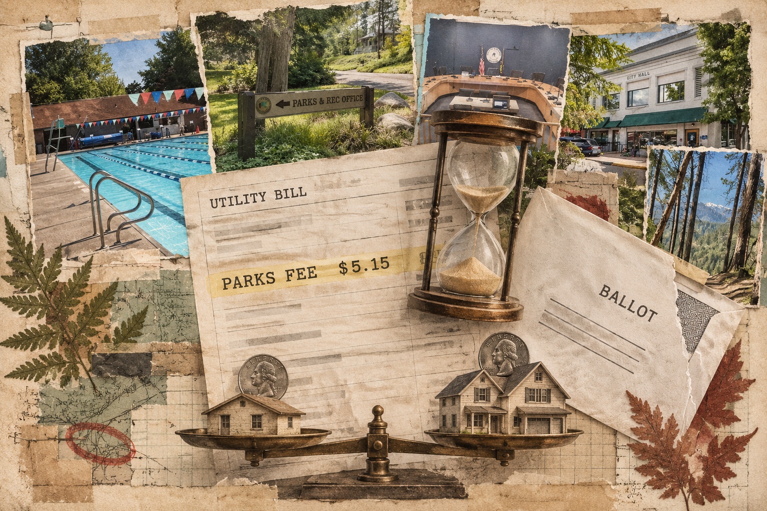 Collage on aged paper: a utility bill with a highlighted PARKS FEE $5.15 line under an hourglass running low, a sealed envelope marked BALLOT, a balance scale holding one coin on a small house and one on a large house, and snapshots of a public pool, a Parks and Rec office sign, an empty council dais, City Hall and a forest trail, with pressed fern and maple leaves.