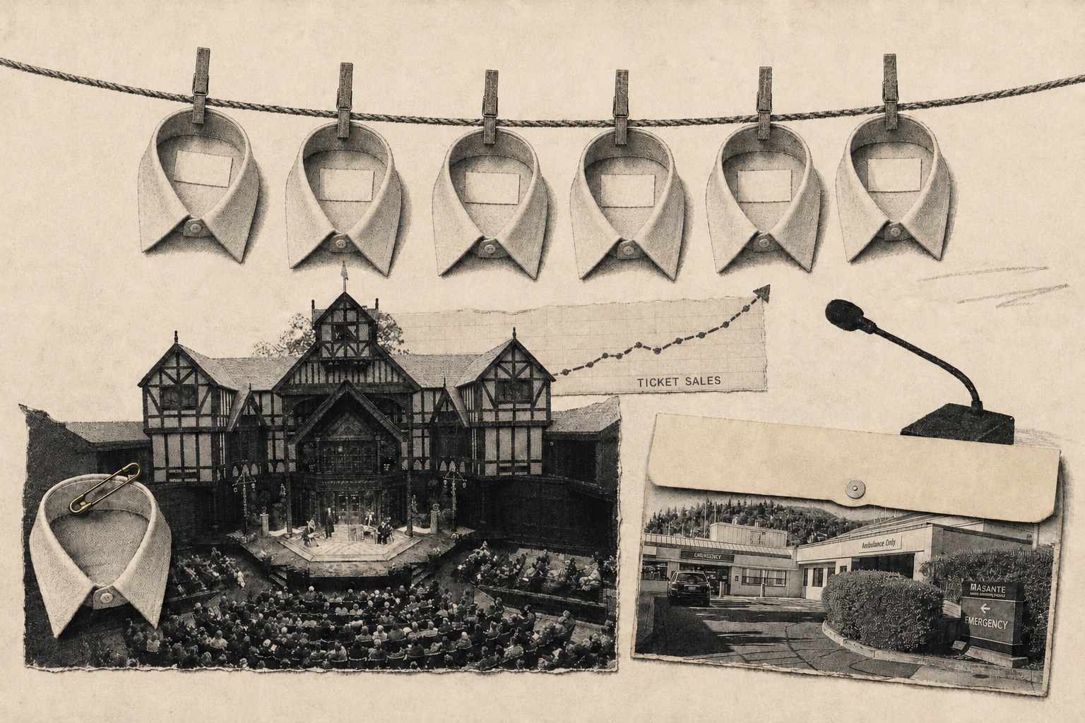 Collage: six shirt collars pinned to a clothesline above the Elizabethan theatre, a rising ticket-sales chart, a gooseneck microphone, and the emergency room tucked into an unsealed envelope, one collar safety-pinned aside.