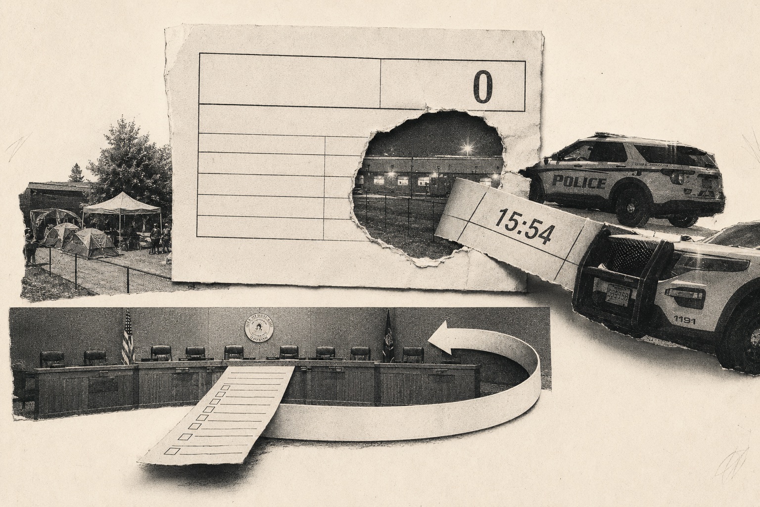 Collage: a blank meeting form stamped 0, a torn hole revealing the night shelter with police SUVs and tents, a strip of tape reading 15:54, and a checklist looping back on itself.