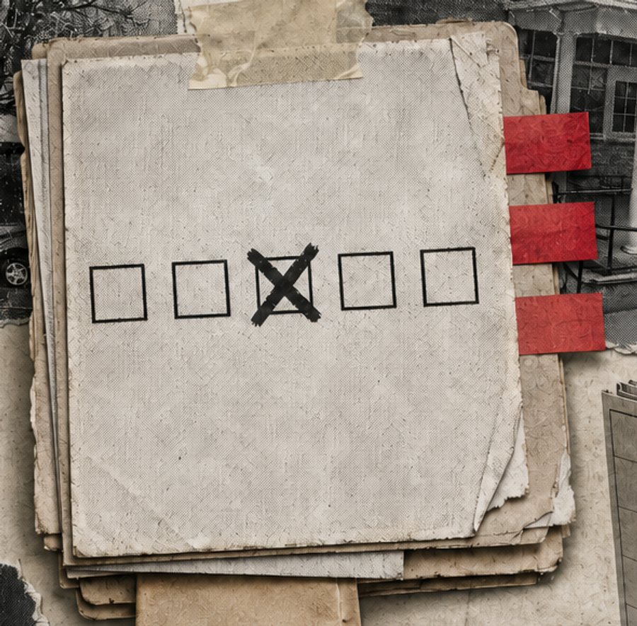 Detail of the collage: the
top sheet of a stack of tabbed files, carrying a row of five empty rating
boxes with the middle one crossed out in heavy ink.