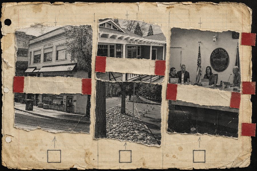 Collage on graph paper: three taped photographs — City Hall, the Ashland Community Center, and a street median planted with rock — each struck through with a redaction bar, an empty pencilled checkbox and an arrow beneath every one.