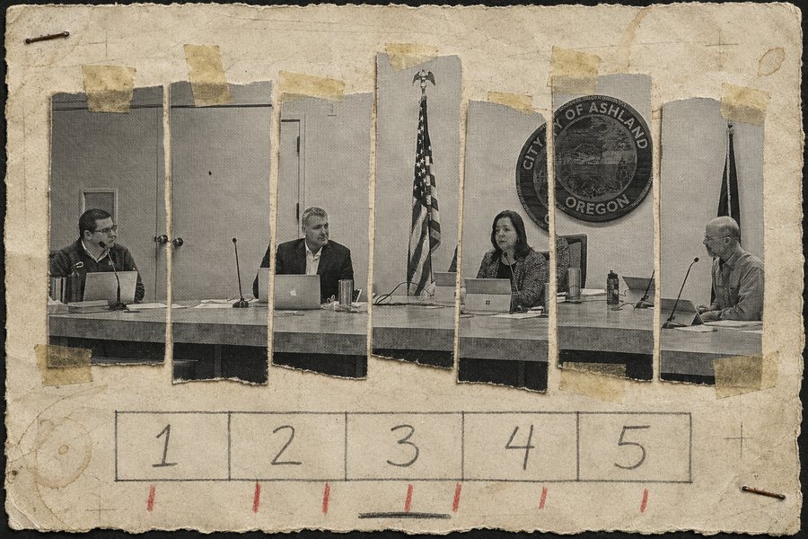 Collage: a photograph of the council dais cut into vertical strips and taped back down out of alignment, above a hand-ruled scale numbered 1 to 5 with red tally marks scattered across it and one heavier mark under the 3.