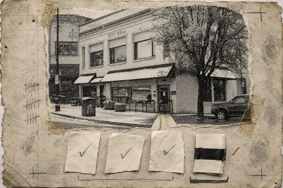 Collage: Ashland City Hall in falling snow above four torn paper slips — three marked with pencil checks, the fourth blacked out with tape — beside tally marks counted in the margin.