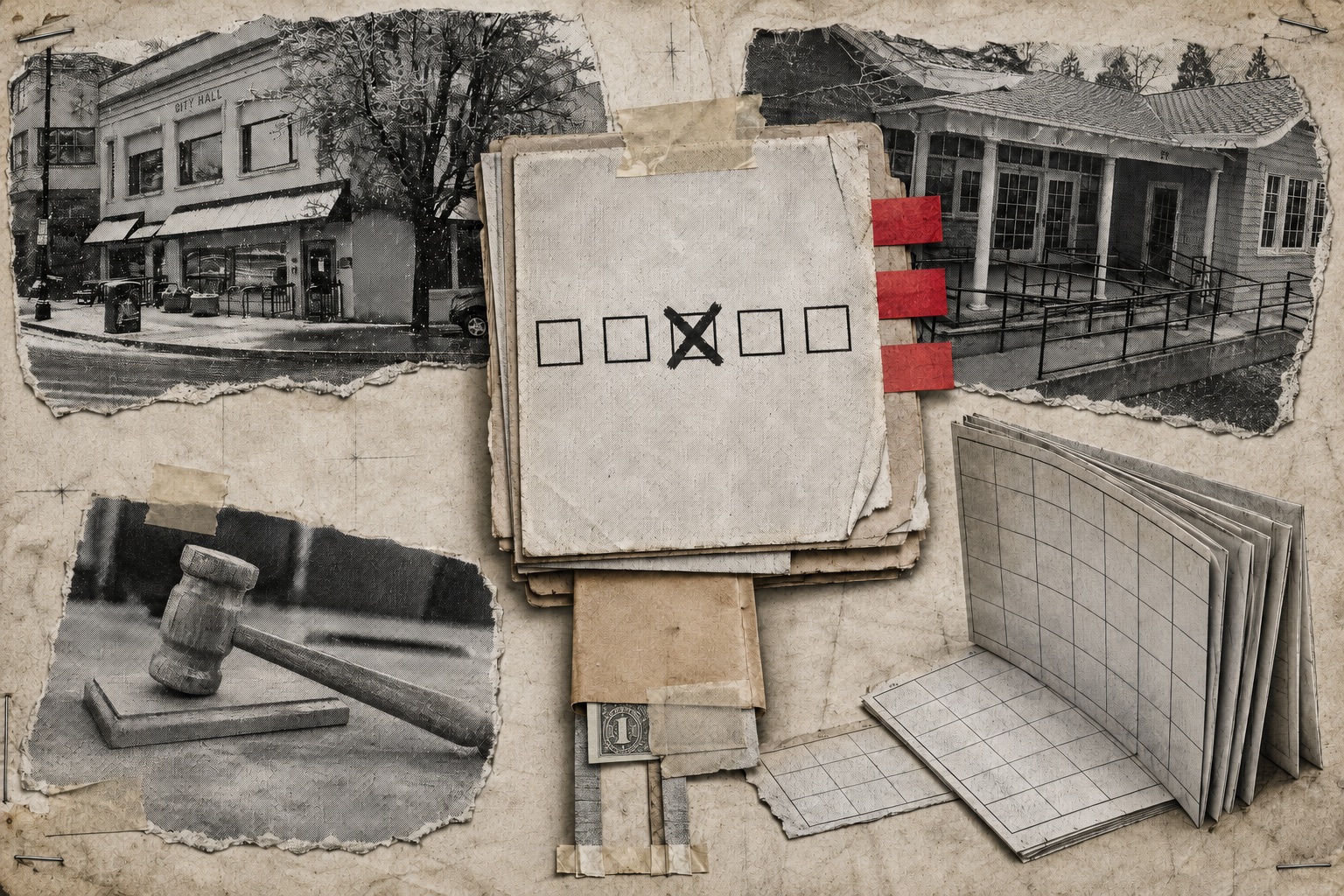 Collage on aged paper: a stack of taped and tabbed personnel files, the top sheet showing a five-box rating scale with the middle box crossed out, flanked by Ashland City Hall in snow, the community center, a gavel, and blank ledger grids, with a dollar bill sliding out of an envelope beneath.