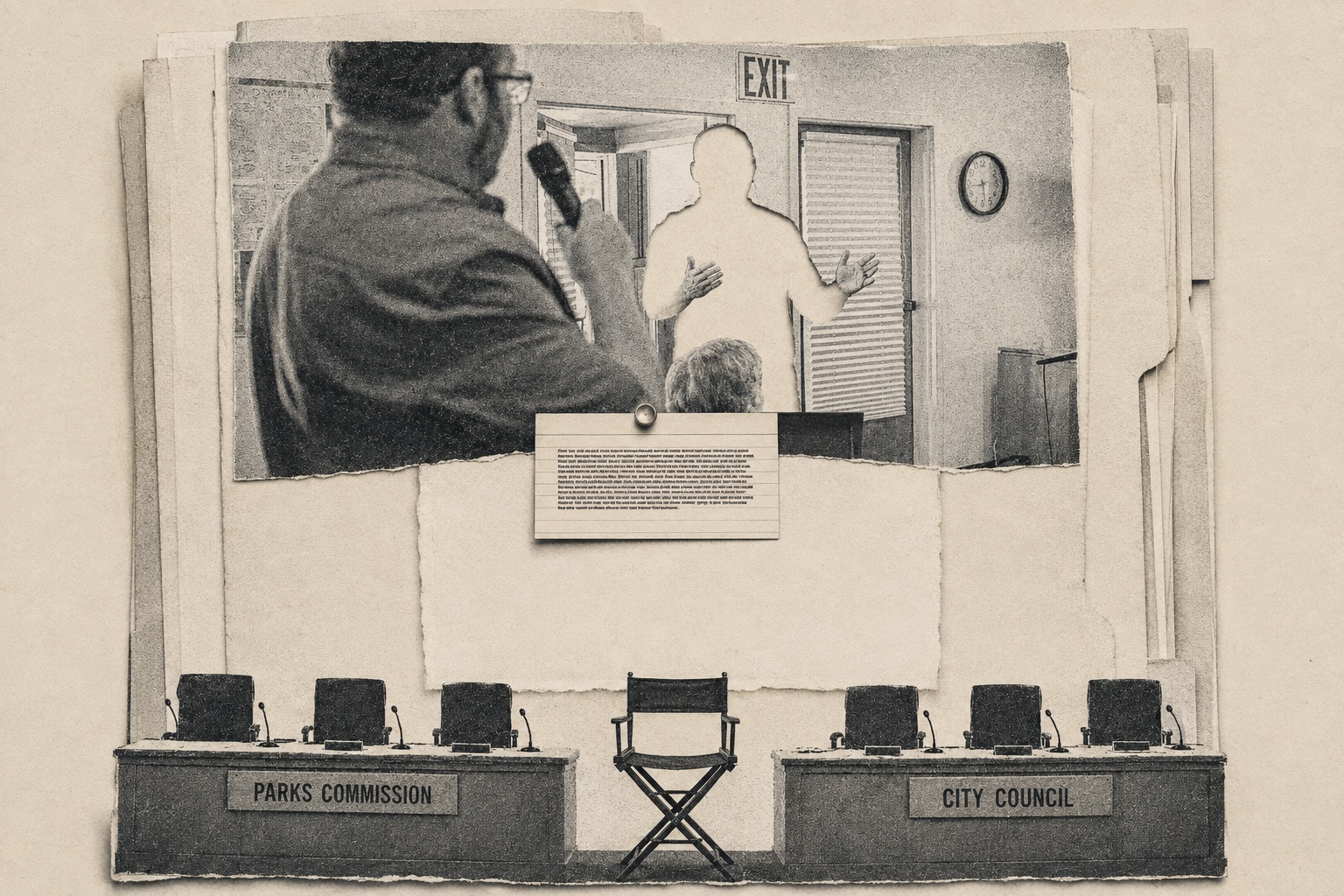 Collage: a speaker's silhouette cut out and missing from the public-comment podium under an EXIT sign, between the Parks Commission and City Council daises.