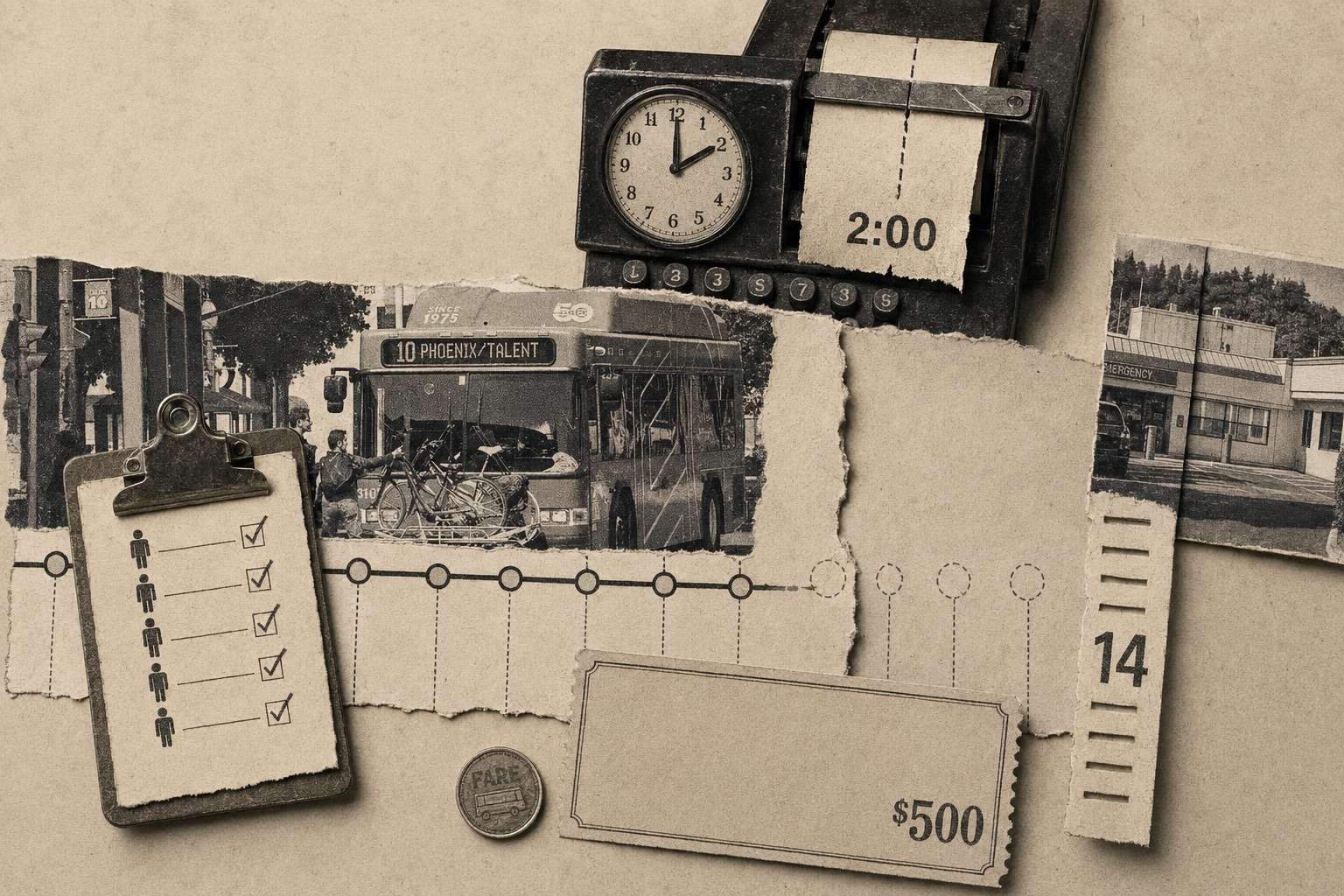 Collage: a wall clock stopped at two, a torn worksheet of crossed-out arithmetic, and a council dais fading into blank paper.