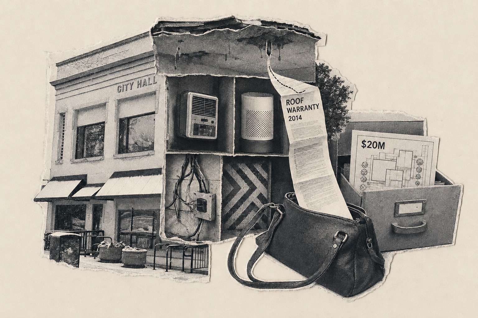 Collage: a cutaway of City Hall with a window air conditioner and an air purifier wedged in, tangled wiring behind the facade, a roof-warranty receipt tucked into a purse, and a box of $20 million plans.