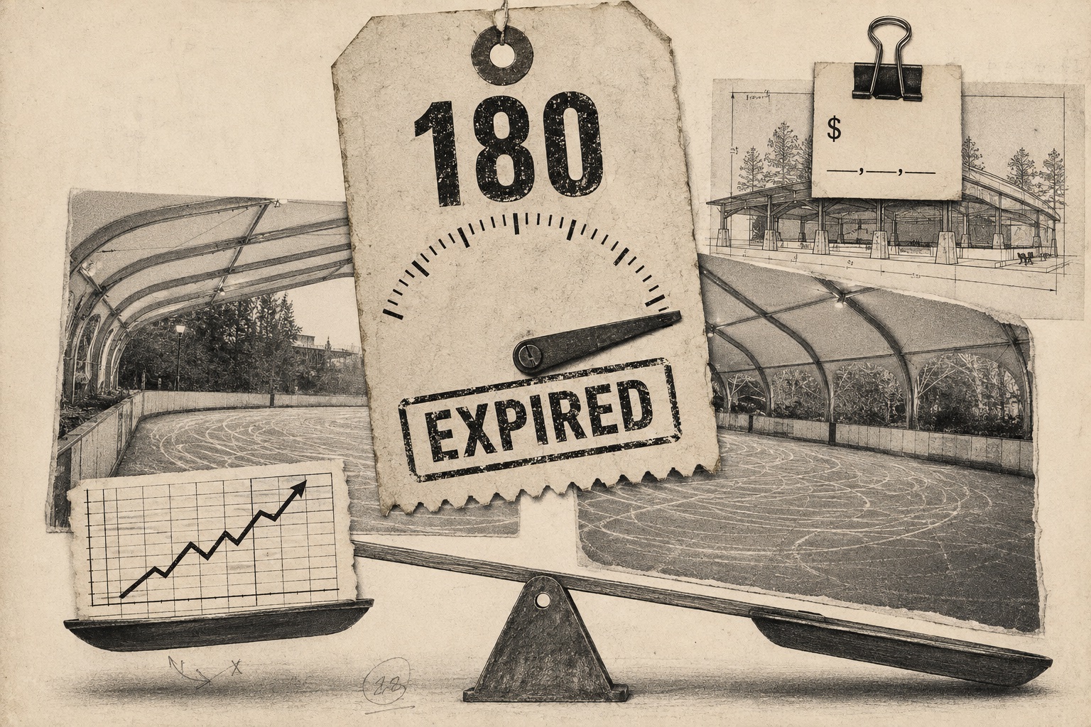 Collage: a gauge needle past a tag stamped 180 EXPIRED, balanced over photos of the covered ice rink and a pavilion sketch with a blank dollar figure.