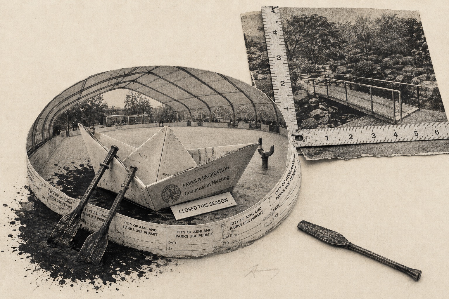 Collage: a paper boat folded from a Parks & Recreation meeting agenda, oars shipped, drifting inside the covered rink on a ring of City of Ashland parks-use permits, a CLOSED THIS SEASON card at the bow and a Japanese-garden photo cornered by rulers.