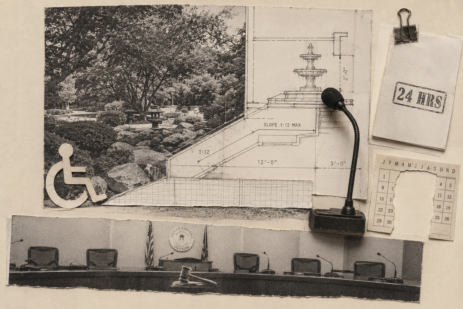 Collage: an accessibility-ramp blueprint marked 1:12 over the Japanese garden, a wheelchair cutout, a microphone, a 24 HRS stamp, and a torn calendar page.