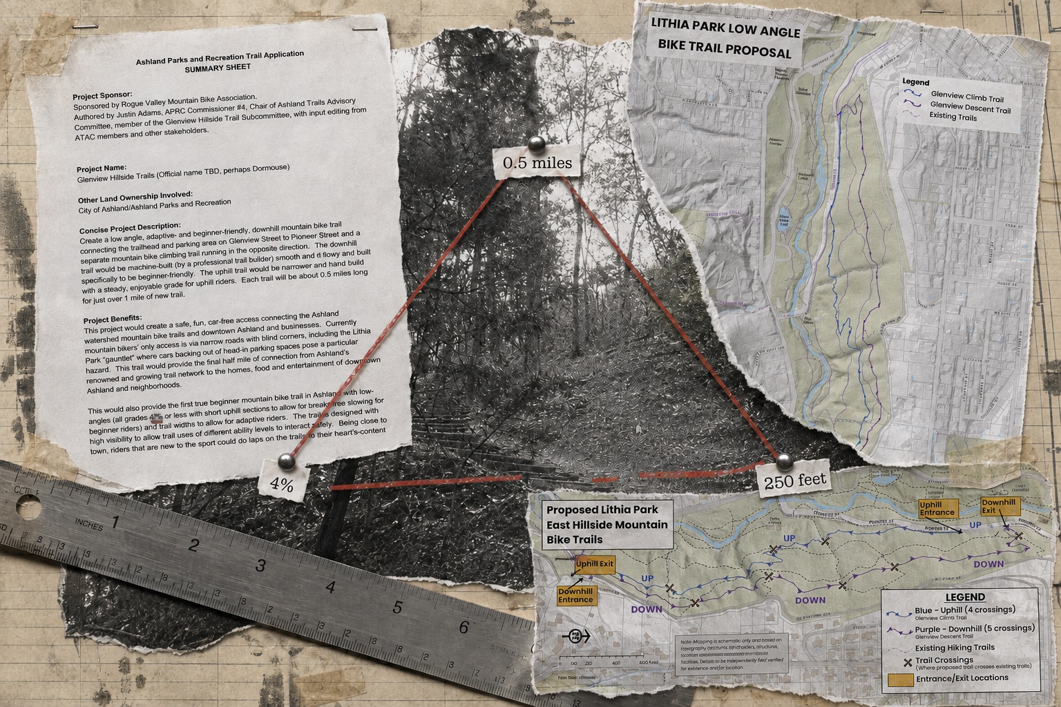 Collage: the trail application's summary sheet and two versions of the project map laid on a drafting table, with a steel ruler across the corner and a red thread strung between three pinned paper tags reading 0.5 miles, 4% and 250 feet — a triangle that cannot close.
