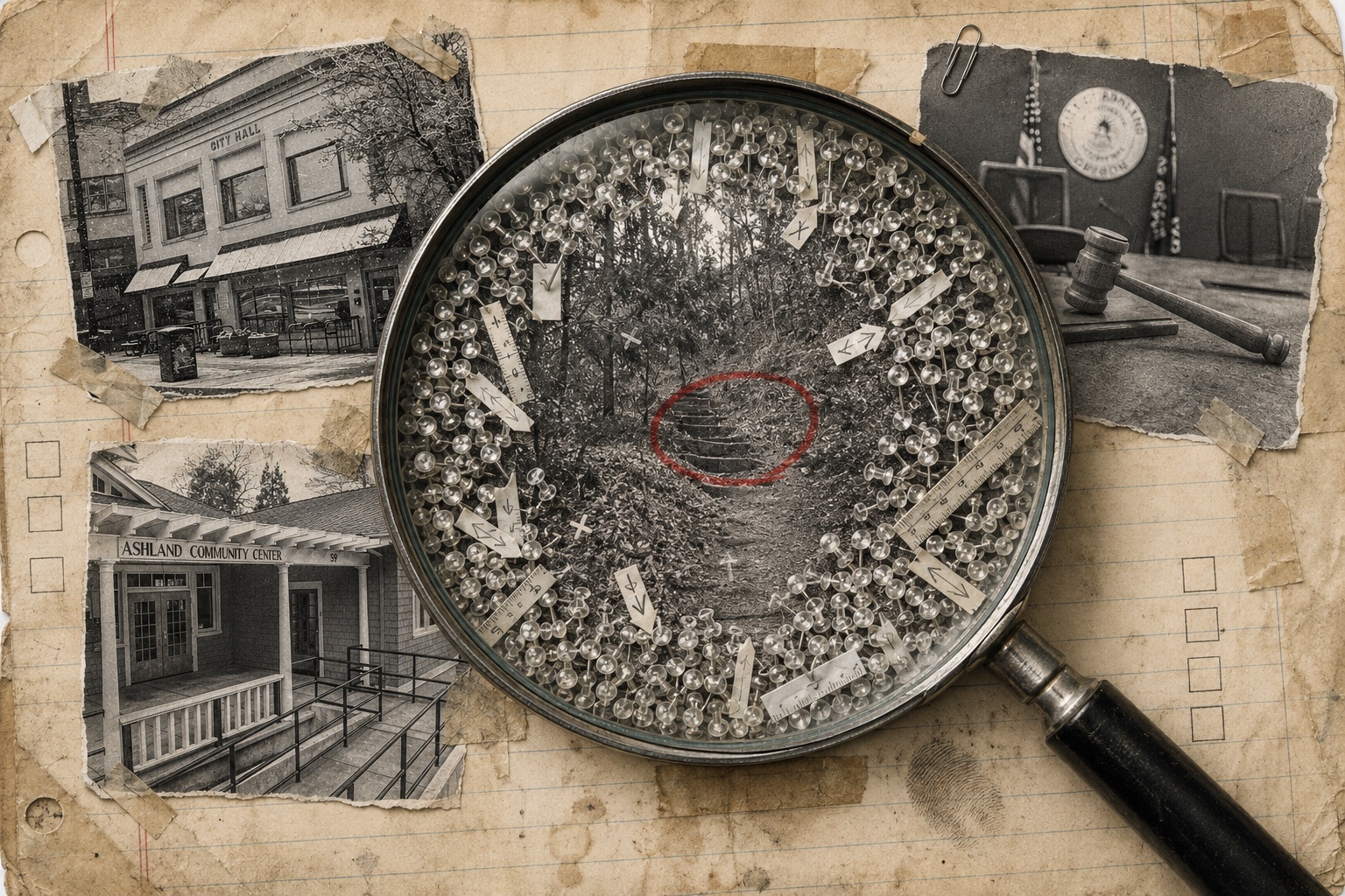 Collage: a magnifying glass held over one small scrap of dirt trail, its lens crammed edge to edge with hundreds of pushpins, tiny rulers and arrow tags. Taped around the margins of the page, unexamined, are photographs of City Hall, the Ashland Community Center and an empty council dais with a gavel.