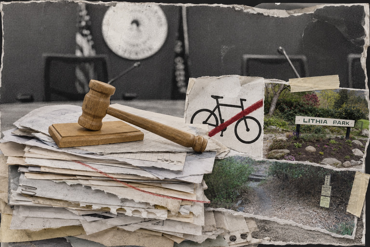 Collage: a wooden gavel resting on a foot-deep stack of torn paperwork in front of an empty commission dais, beside a no-bicycles sign and photographs of the Lithia Park entrance sign and a dirt footpath.