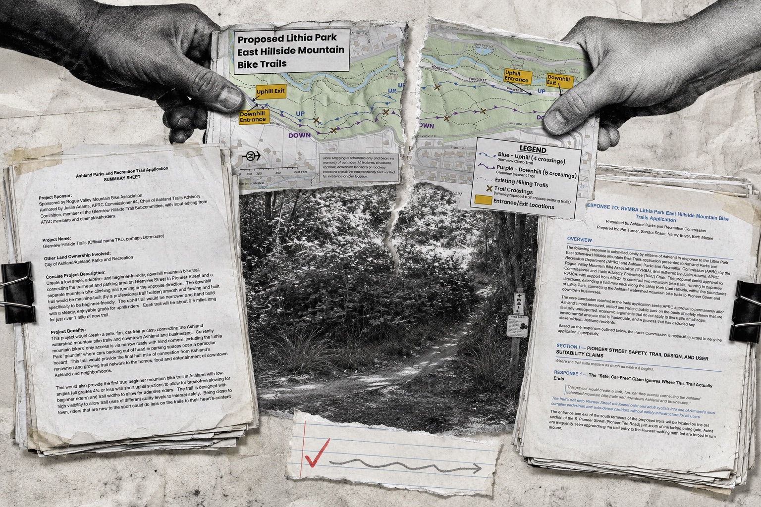 Collage: two hands tearing the official project map straight down the middle, the photograph of the hillside path beneath it splitting with the paper. The trail application is clipped down on one side, the 23-point rebuttal on the other.